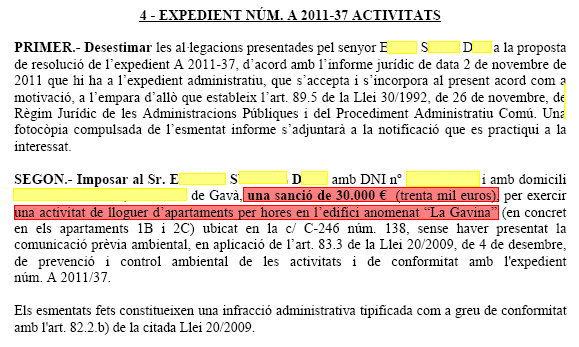 Extracte de l'acta de la Junta de Govern local de l'Ajuntament de Gav on es sanciona un ve de Gav Mar per llogar dos apartaments per hores (8 de Novembre de 2011)